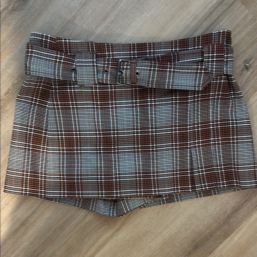 Plaid Mini Skort with Belt - Brown White by Free People. Worn Once.